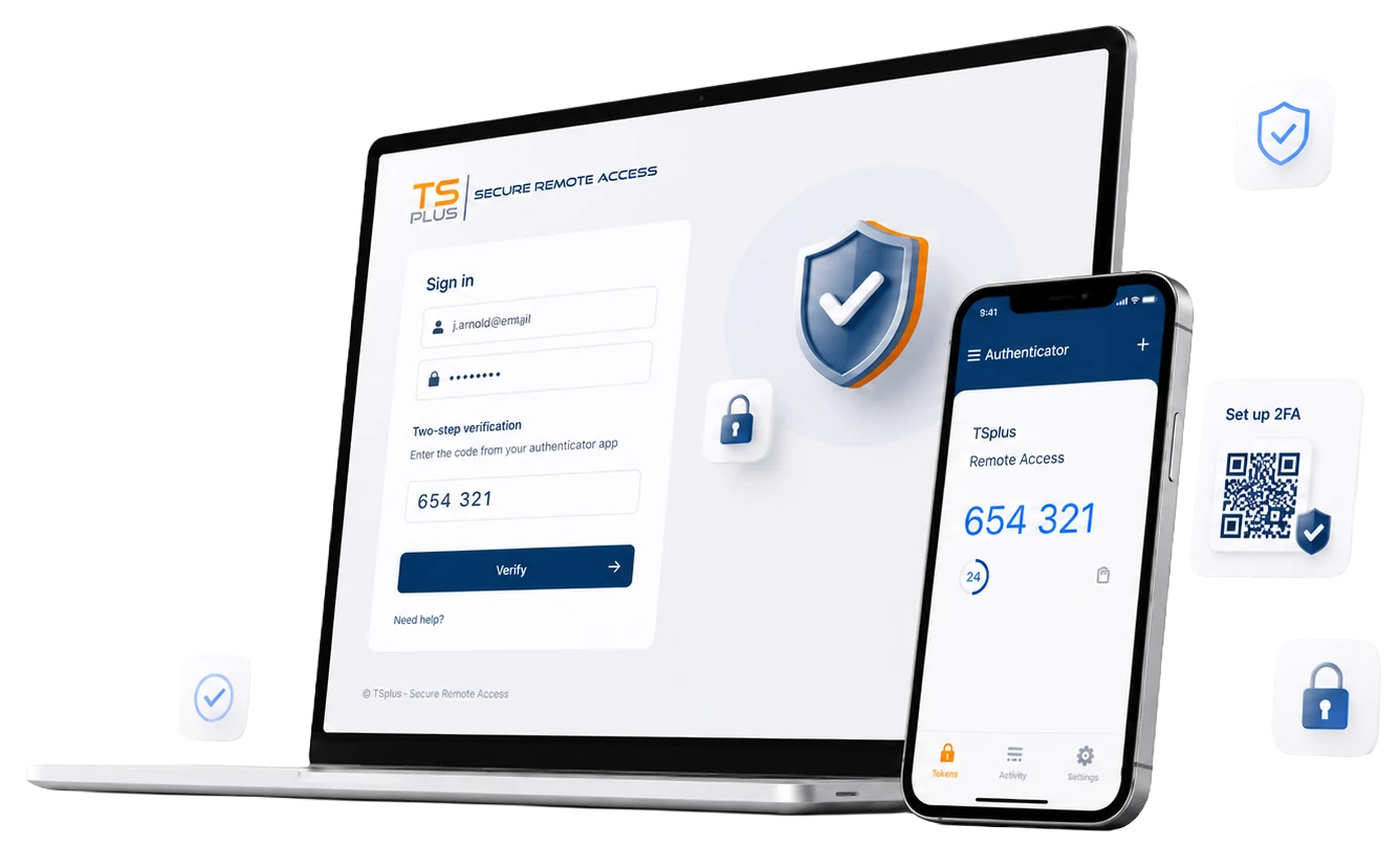 TSplus 2FA — logowanie z kodem weryfikacyjnym na laptopie i telefonie z aplikacją authenticator