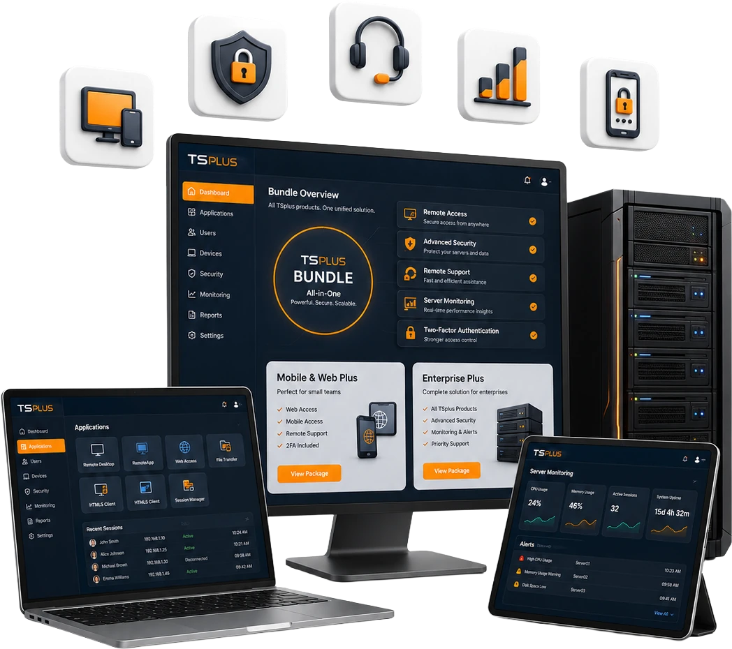 Pakiety TSplus Plus — Remote Access z Advanced Security, Remote Support, Server Monitoring i 2FA w jednej licencji