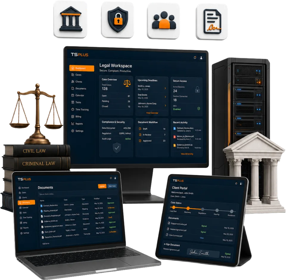 TSplus Remote Access dla usług prawnych — bezpieczny dostęp do akt i dokumentów
