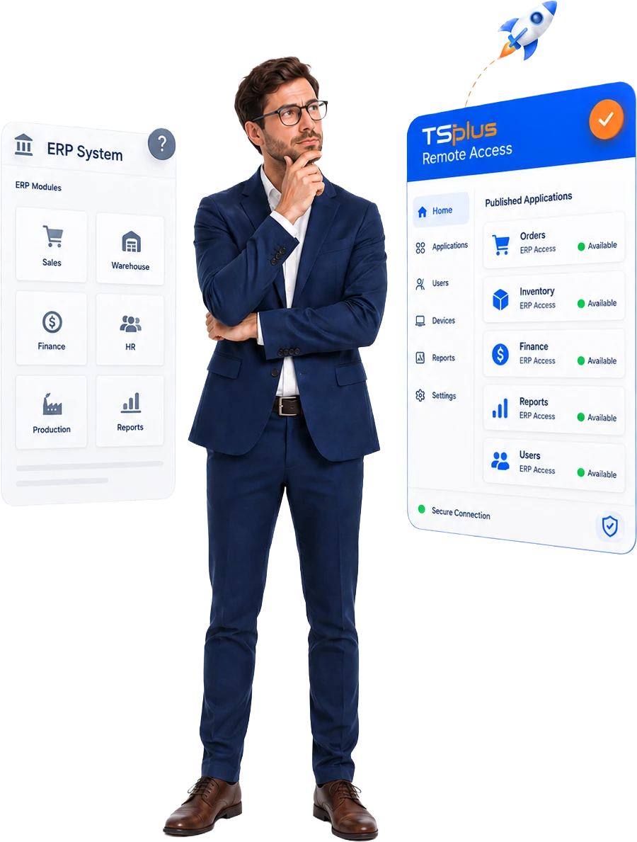 TSplus Remote Access dla systemów ERP — bezpieczny zdalny dostęp do modułów Sales, Warehouse, Finance, HR